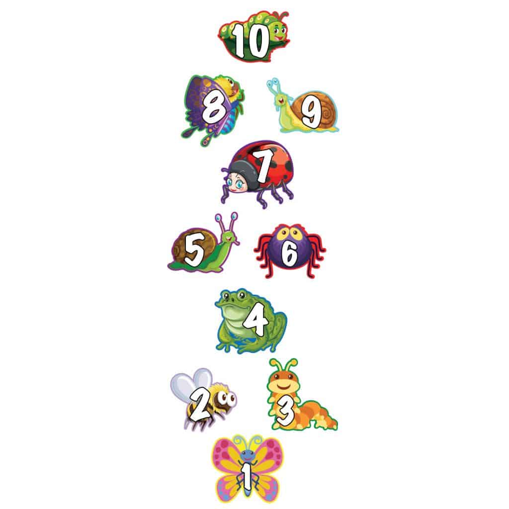 Colorful bug-themed sensory hopscotch game for children.