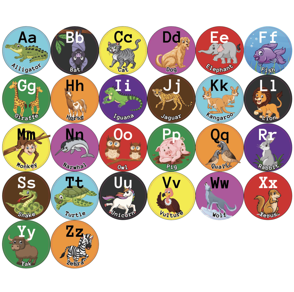 Colorful alphabet circles with animal illustrations for sensory paths.