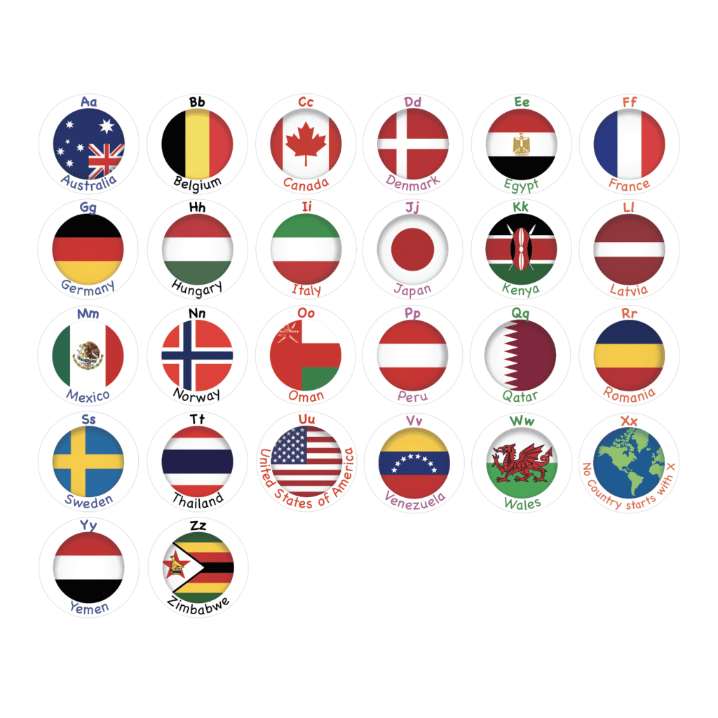Colorful alphabet circles with country flags for 'Under the Sea Bubble Alphabet'.