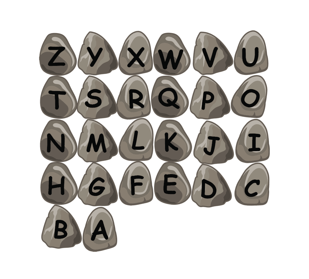 Sea-themed alphabet stones with black letters on gray rocks for sensory play.