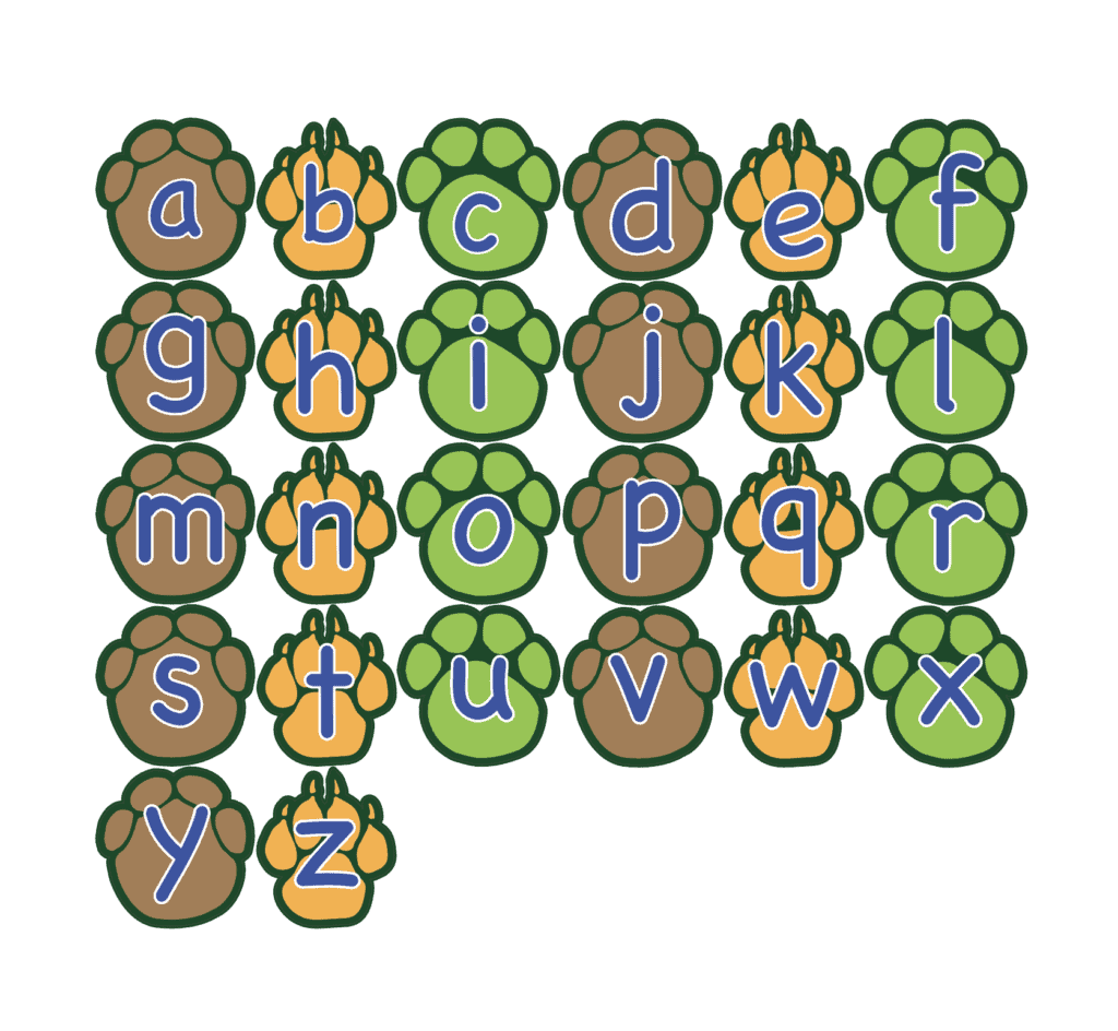 Colorful alphabet letters on sea-themed sensory path mats for kids.