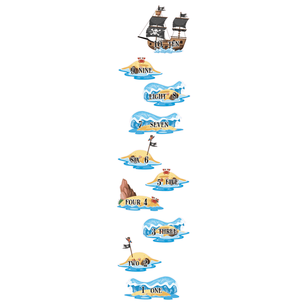 Colorful pirate-themed sensory path with numbered stepping stones and flags.