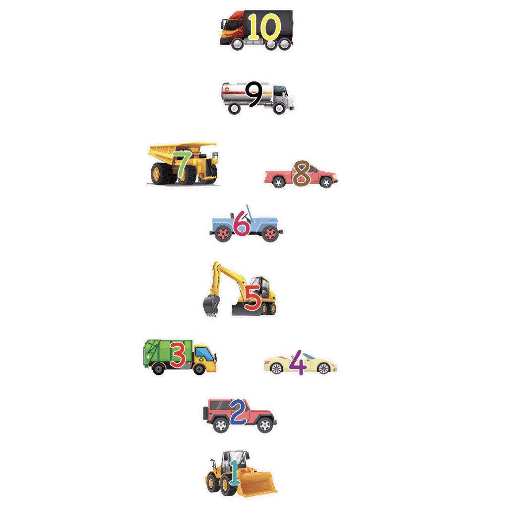 Colorful toy construction vehicles with numbered wheels for sensory play.