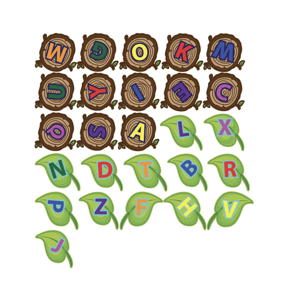 Colorful alphabet letters on tree stumps and leaves for sensory play.