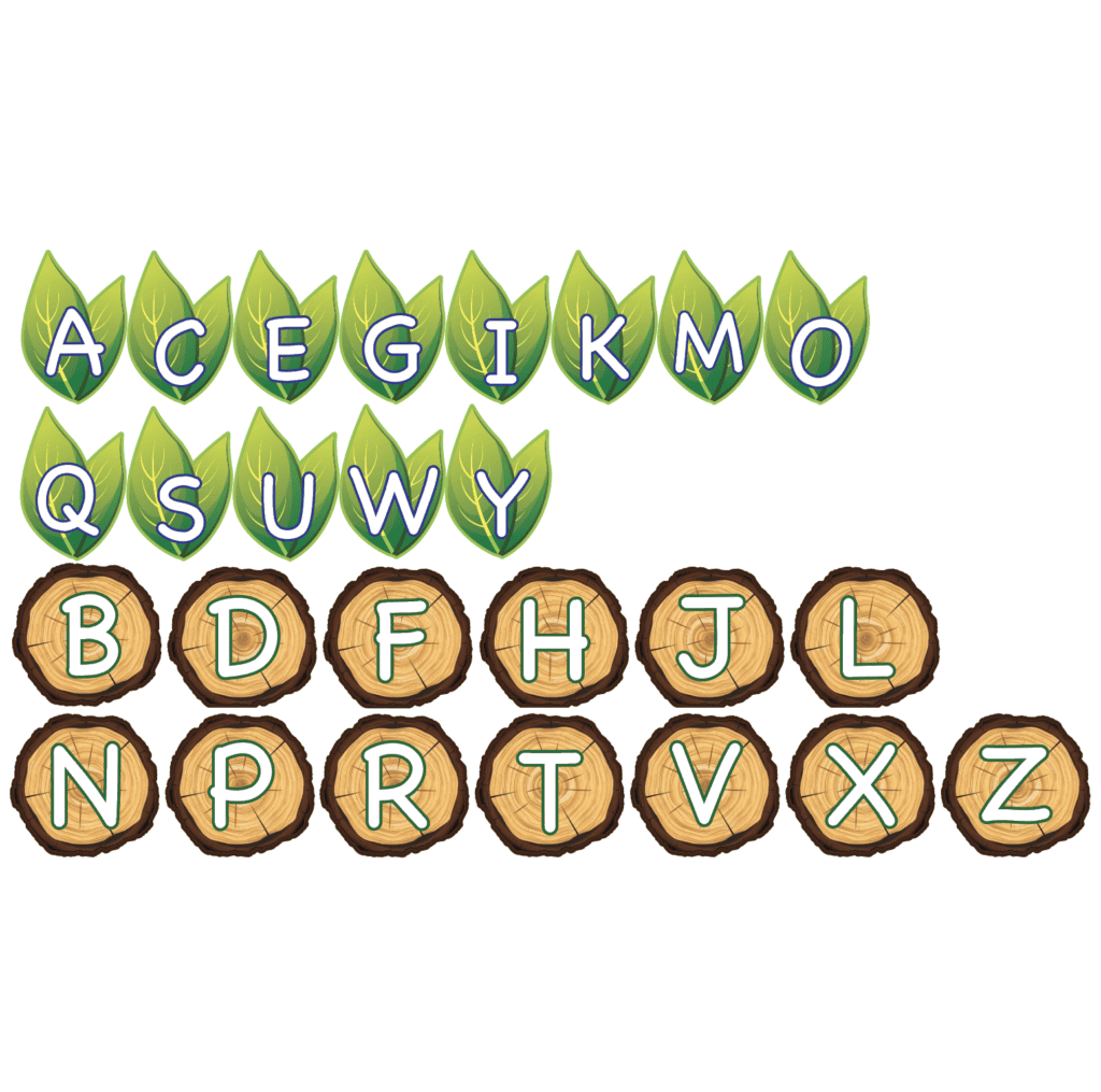 Sensory paths with alphabet letters on leaves and wood slices for kids' learning.