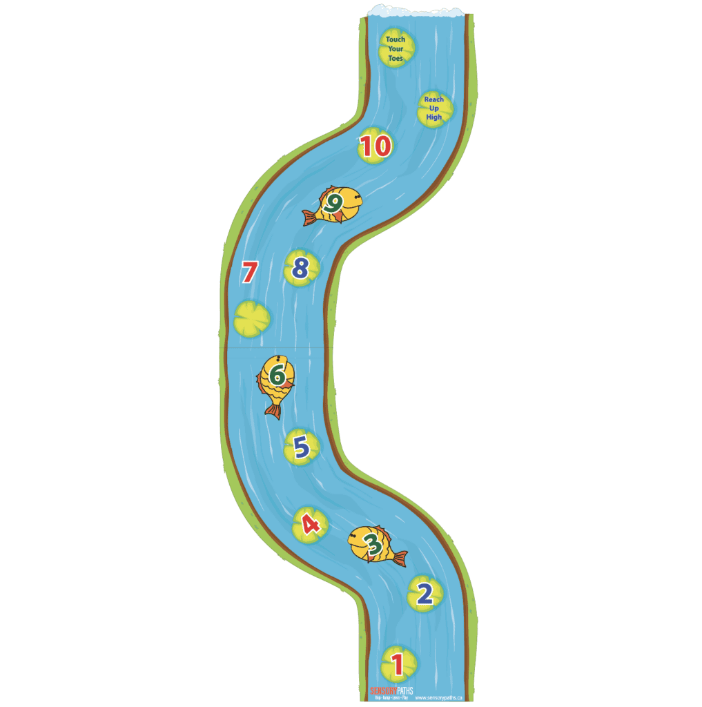 Sensory path with numbered stepping stones and water-themed elements for kids' play.