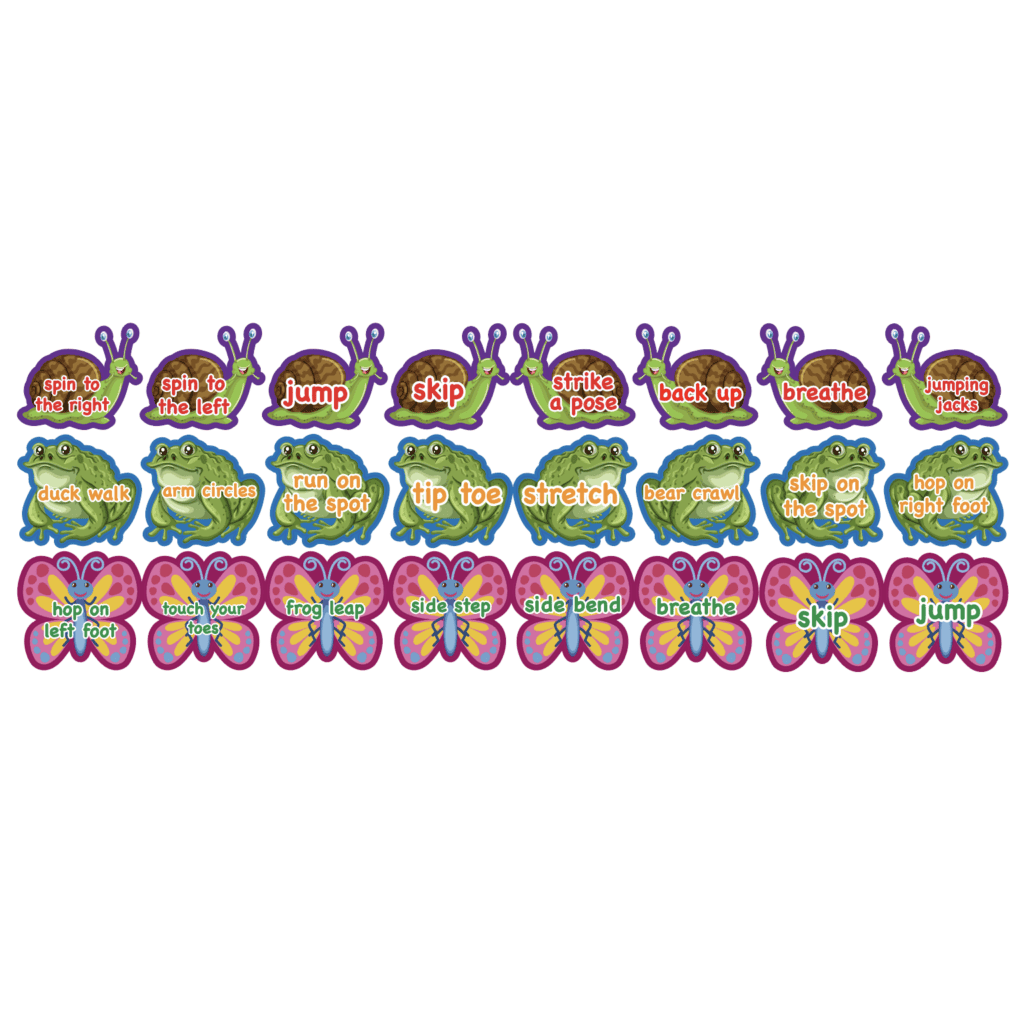 Colorful butterfly-themed sensory path with space movement exercises for kids.