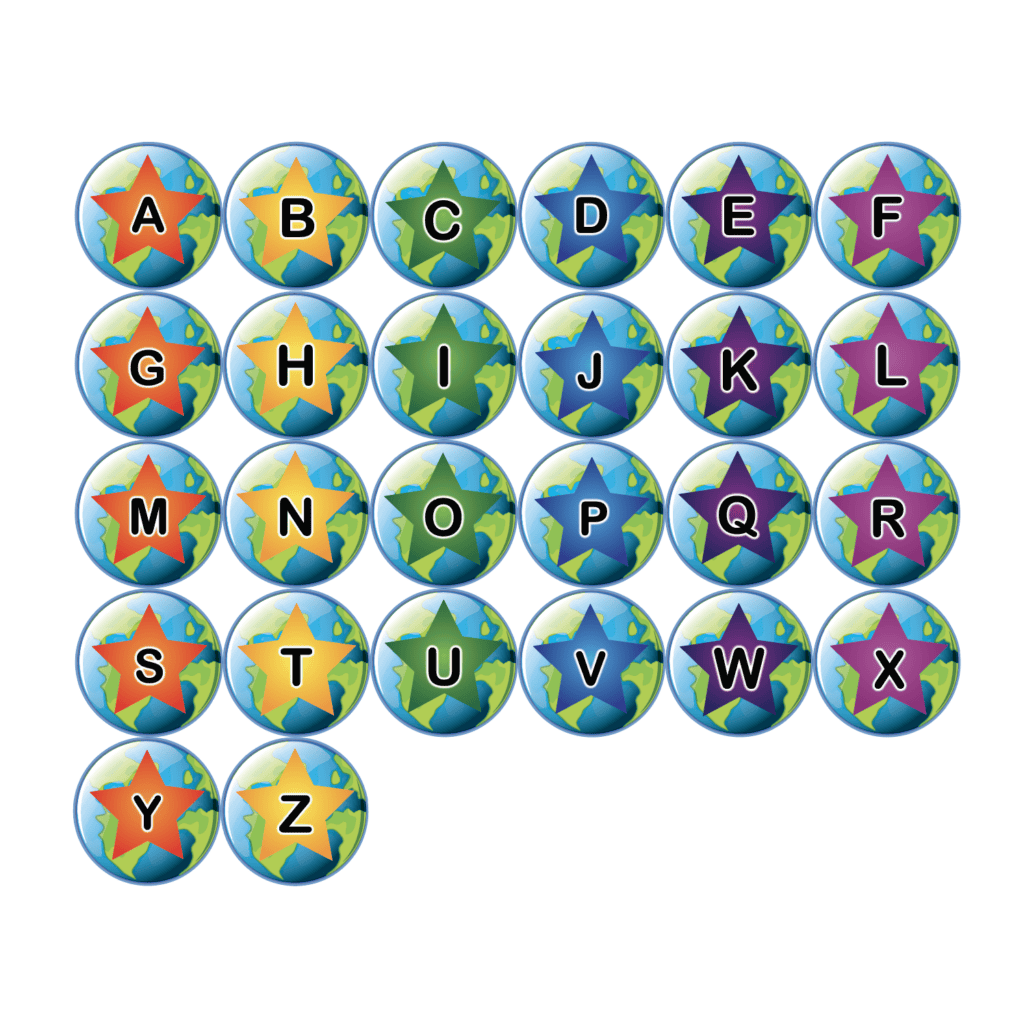 Colorful underwater-themed alphabet bubbles for sensory play activities.