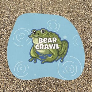 Sensory path mat with a frog and bear crawl text for kids' activity.
