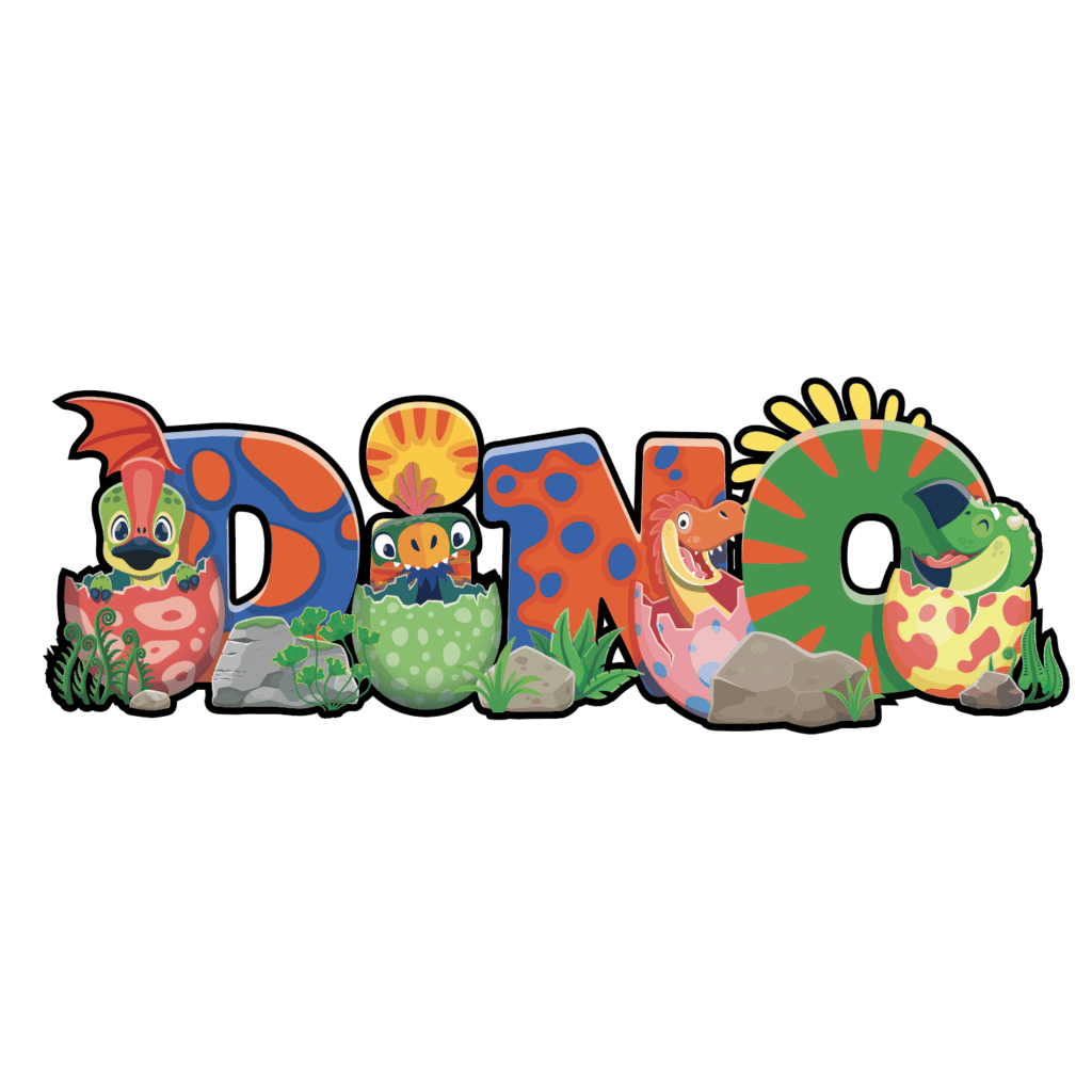Colorful dinosaur-themed sensory path letters with playful designs.