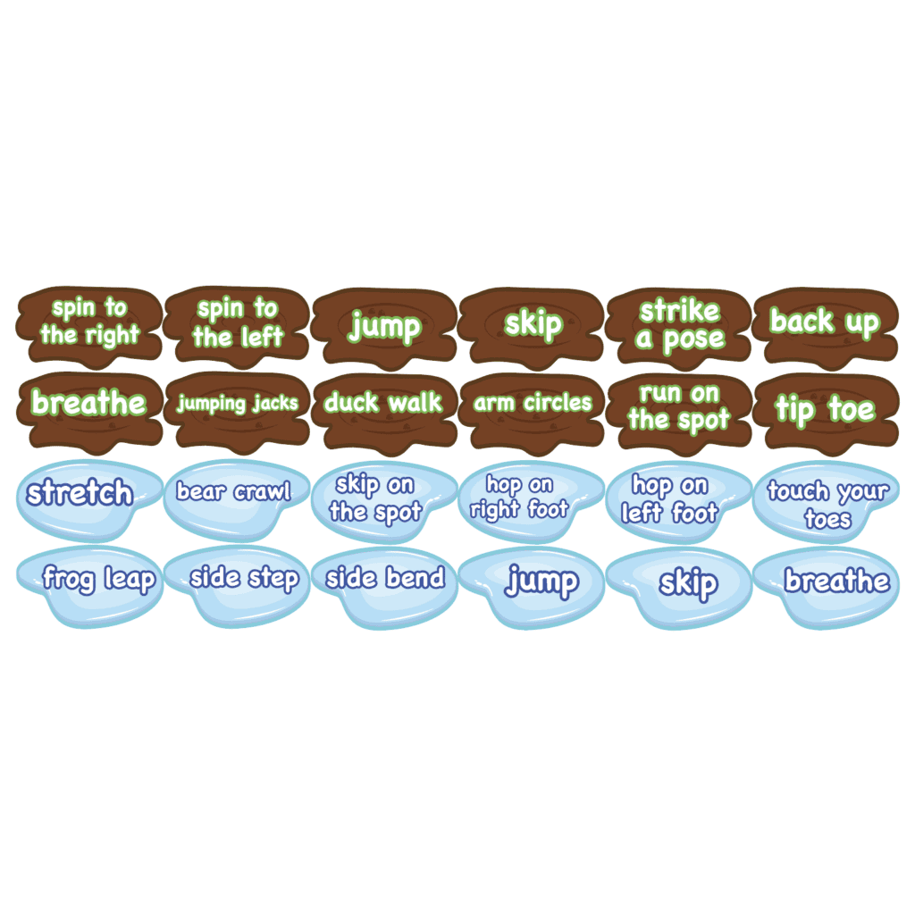 Sensory paths with movement instructions for children in a garden setting.