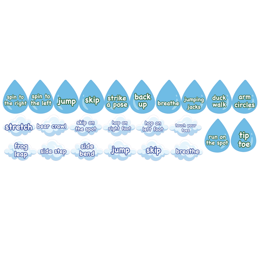 Sensory paths with water droplet shapes and movement instructions for children.