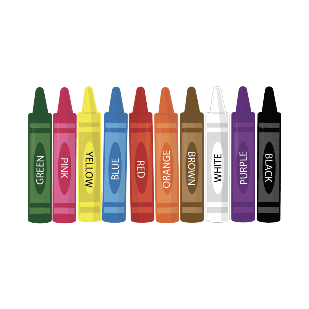 Colorful crayons in green, pink, yellow, blue, red, orange, brown, white, purple, and black.