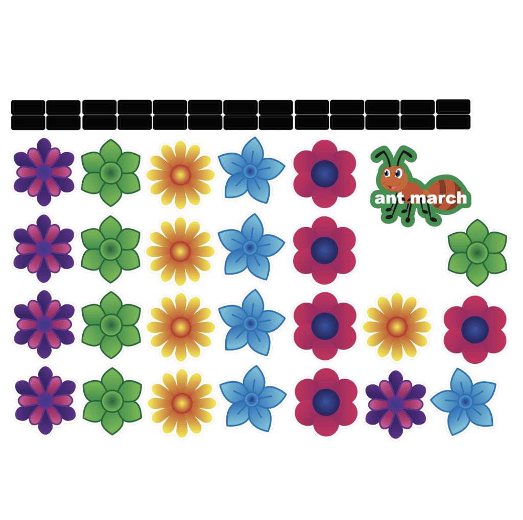 Colorful flower and ant-themed sensory path for children activity.