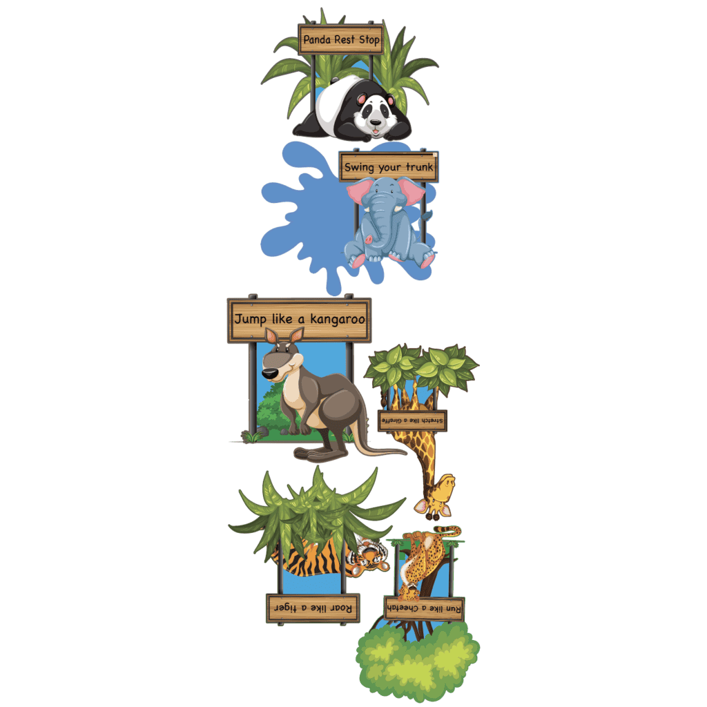 Sensory paths with jungle animals including panda, elephant, kangaroo, and tiger for kids' play.