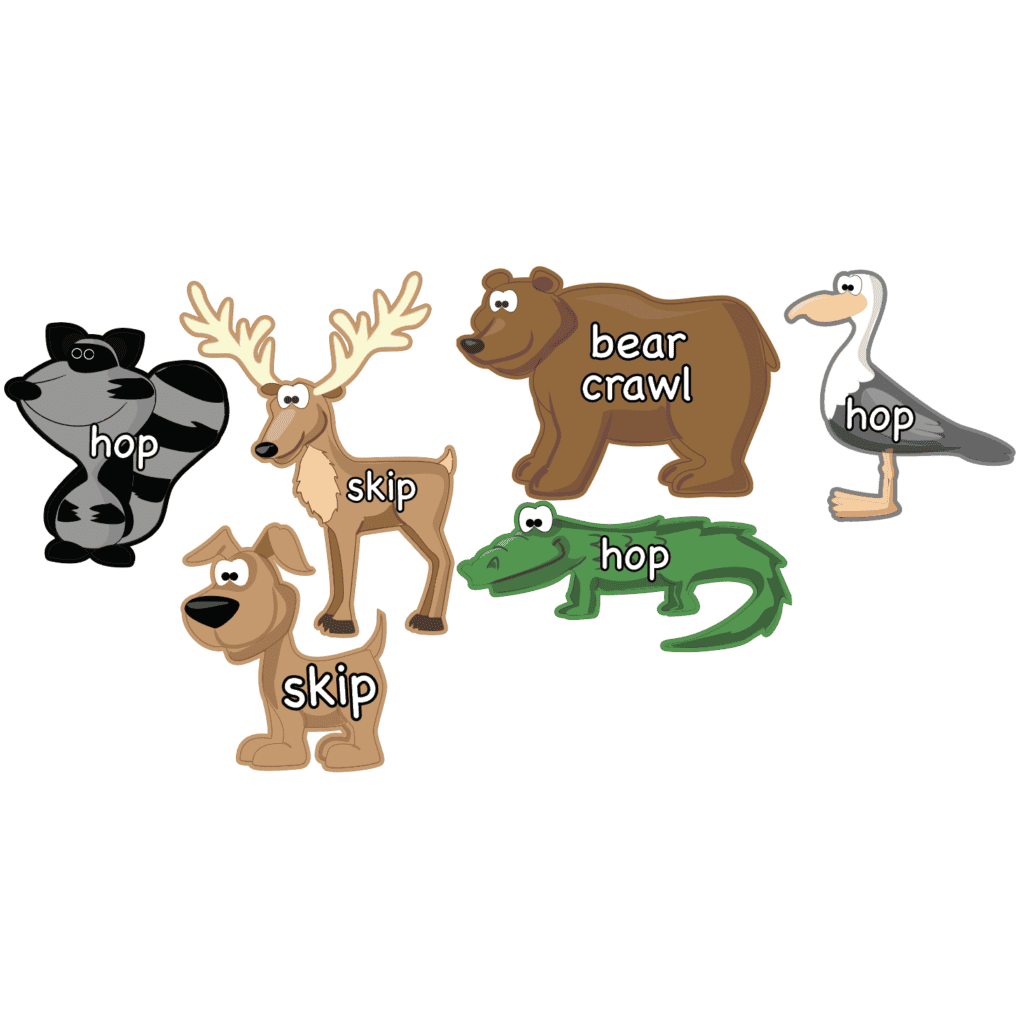 Cartoon animals with movement instructions for sensory paths activity.