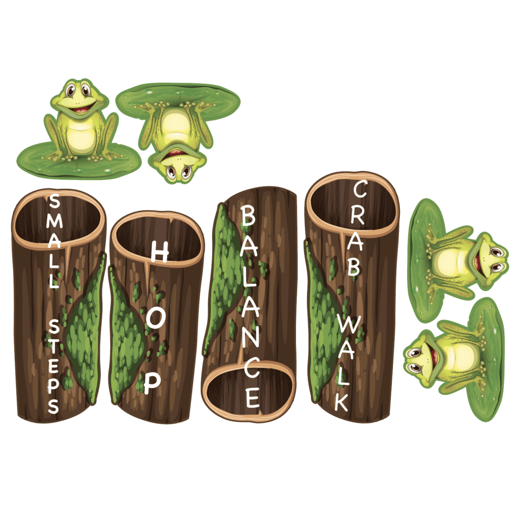 Colorful frogs and logs with labeled steps for sensory play in nature.