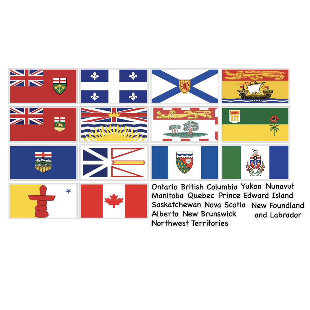 Collection of Canadian provincial and territorial flags with names listed below.