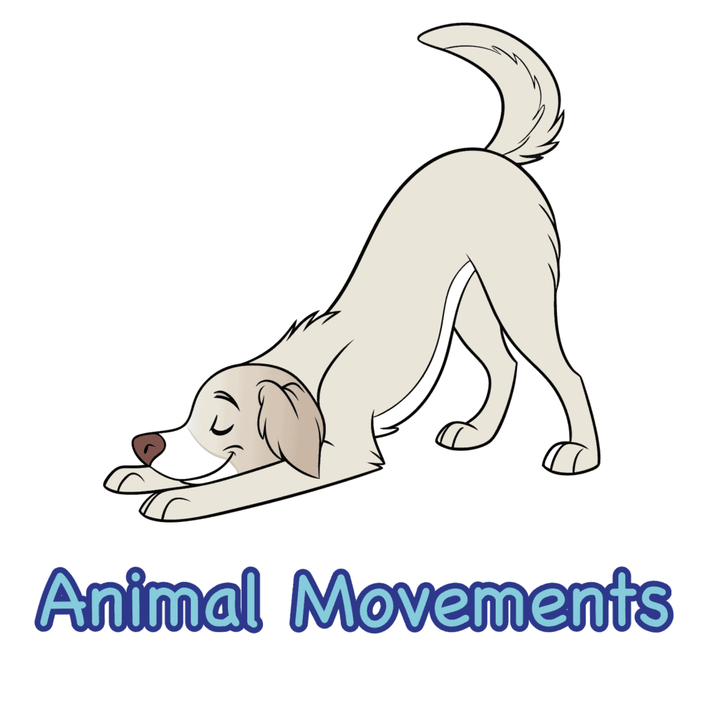 Cute dog stretching with 'Animal Movements' text for sensory paths.