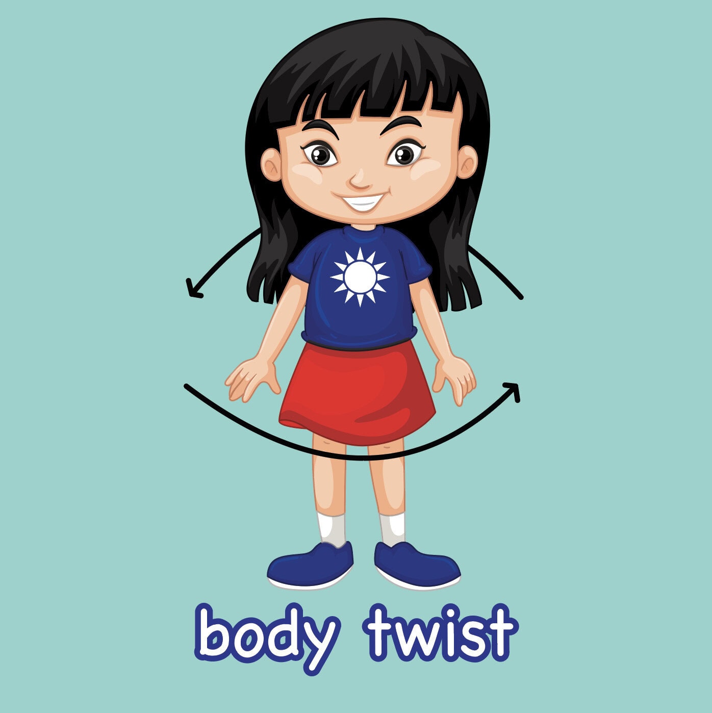 Child demonstrating body twist exercise for sensory development.