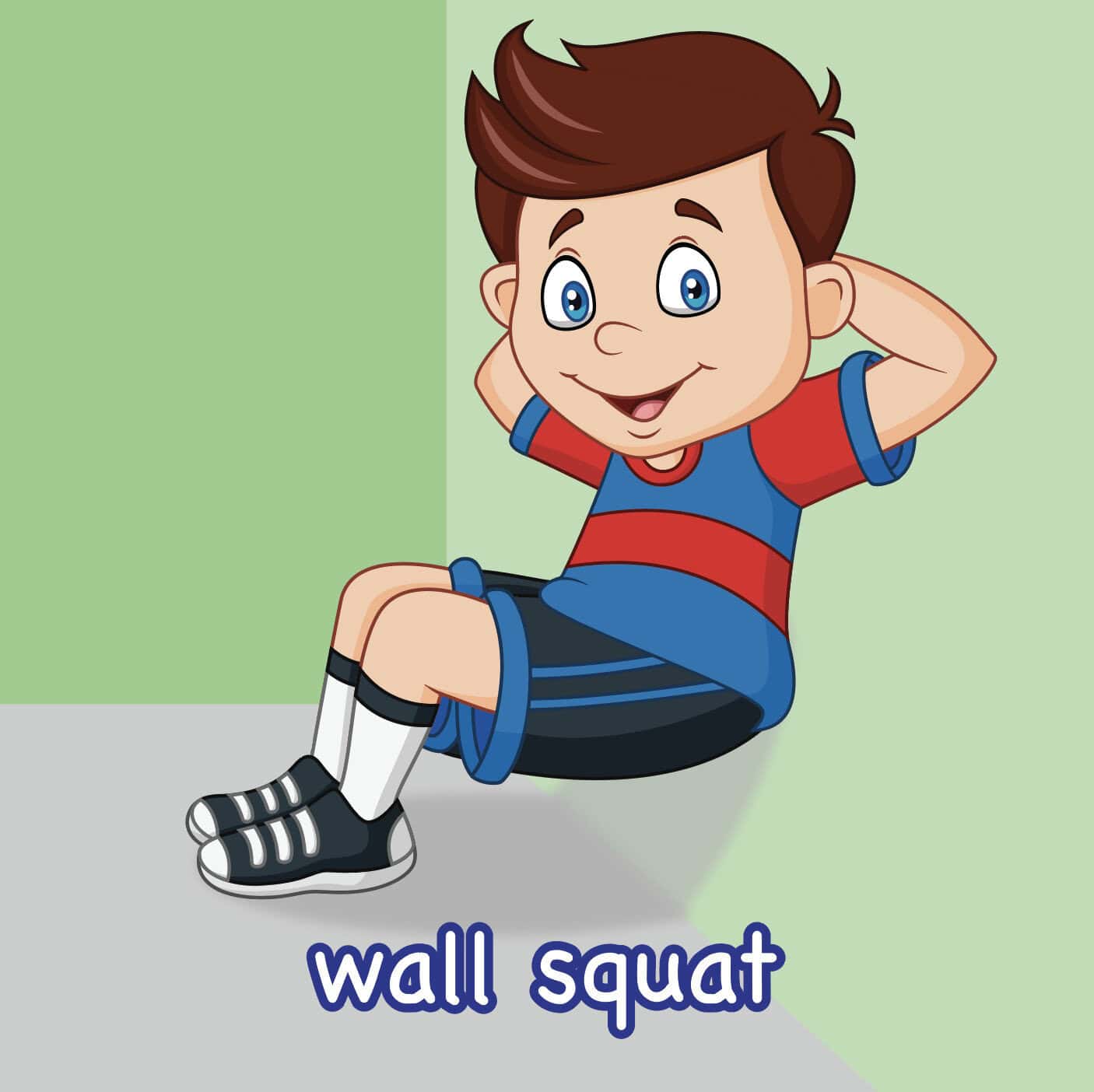 Child performing wall squat exercise for sensory motor development.