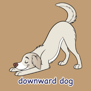 Downward dog yoga pose with a cartoon dog illustration for sensory paths.