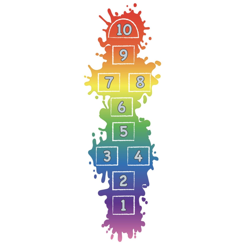 Colorful rainbow hopscotch with numbered squares from 1 to 10 for sensory play.