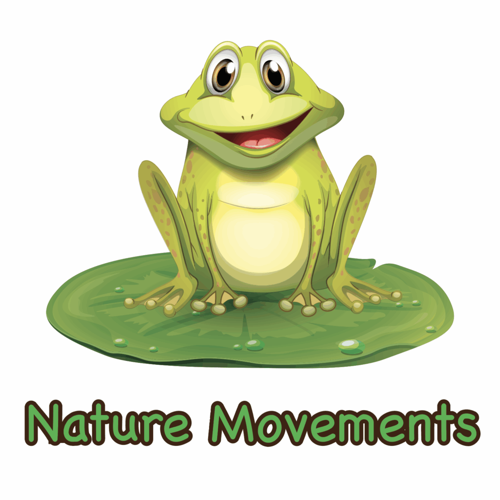Cartoon frog sitting on a lily pad for sensory paths and nature movements.
