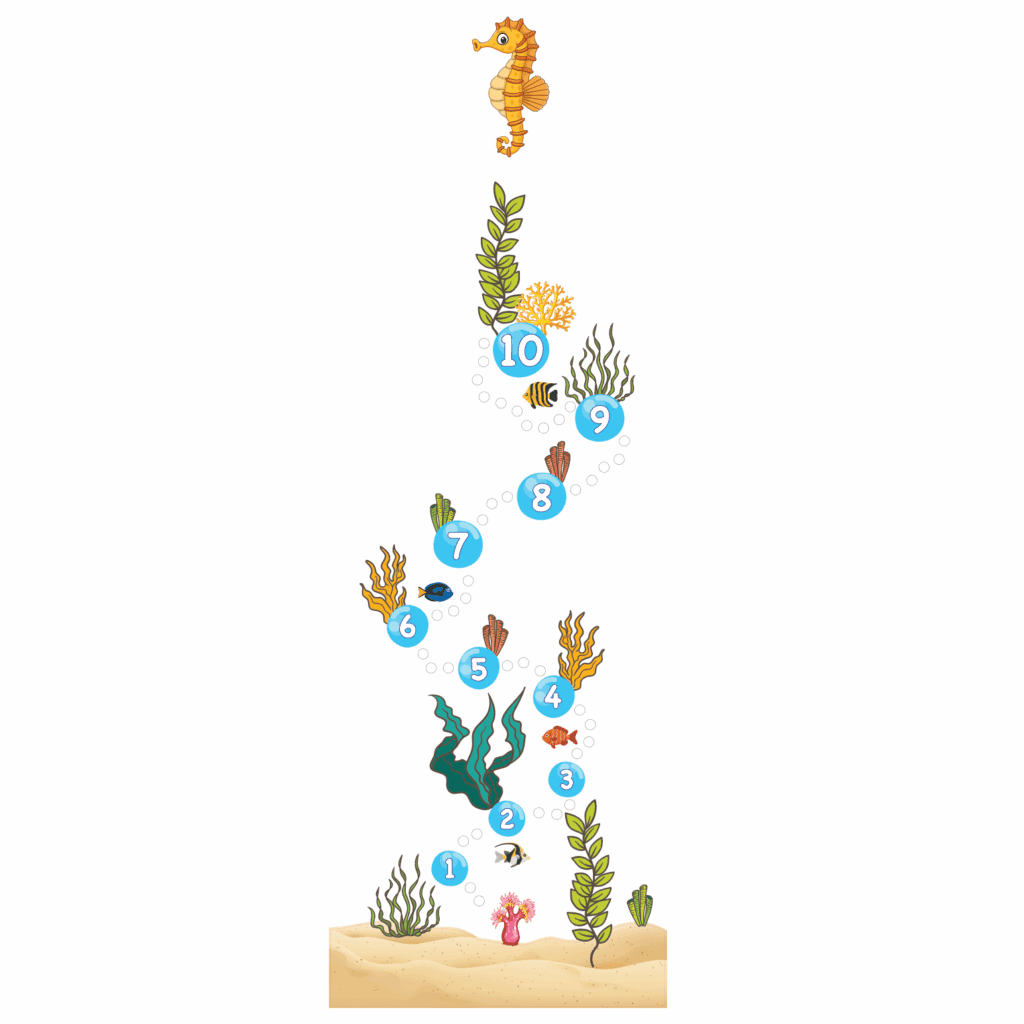 Under The Sea Hopscotch with sea creatures and aquatic plants.