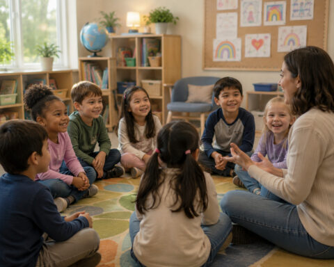 Children engaging in sensory path activities in a classroom setting.